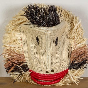 Barbary Macaque Primate Mask – Handwoven Jungle Animal Head Wall Art from Panama, Woven Tribal Monkey Decor for Boho and Rustic Spaces