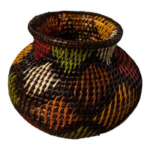 Panama Rainforest Basket, Multicolor Rendezvous, Handwoven Wounaan Embera Open Vessel, Bold Vivid Design, Darien, Natural Fiber Bowl