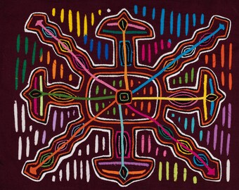 Rainbow NASA Skylab mola, abstract Guna textile, space inspired fabric art, vibrant handmade embroidery, tribal wall hanging, decor panel