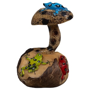 Dart Frogs Around A Mushroom Carved Tagua Nut, Hand Painted Vegetable Ivory Sculpture, Panamanian Embera Rainforest Art, Artisan Made
