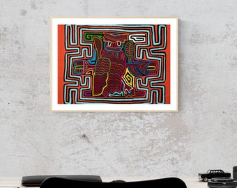 Hoot Owl Bird Mola, boho wall art - Kuna textile, Handmade applique, Geometric design, Boho mola craft, Eclectic style, Unique wall hanging