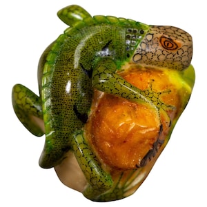 Orange And Green Iguana Tagua Nut Sculpture, Painted Vegetable Ivory Figurine From Panama, Embera Wounaan Artisan Rainforest Craft, Eco Gift