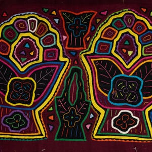 Burgundy Easter Baskets Mola Wall Art – Handmade Panama Textile with Cheerio Handles, Colorful Festive Home Decor, Unique Holiday Gift
