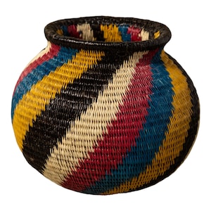 Panama Rainforest Basket, Rainbow Illusion, Handwoven Wounaan Embera Open Vessel, Bold Vivid Design, Darien, Natural Fiber Bowl