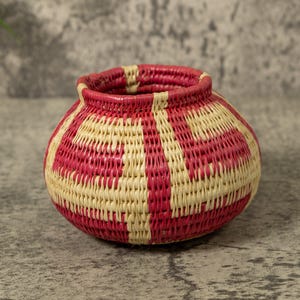 Handwoven Embera Basket, Small Pink and White Design, Natural Palm Fiber Art, Indigenous Panama Craft Tribal Home Decor Accent, Artisan Vase
