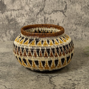 Ancient Design Jungle Rainforest Basket, Brown Yellow and Black Pattern, Natural Palm Fiber, Indigenous Panama Art, Tribal Heritage Decor