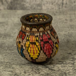 Shoeblackplant Rainforest Basket, Red Yellow and Blue Floral Design, Natural Palm Fiber, Indigenous Panama Art, Tribal Botanical Vessel