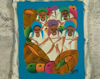 Pintura haitiana, Carnaval del Comercio, Mujeres pintadas a mano con cestas de frutas, Arte popular original, Haití, Caribe, Lienzo decorativo para pared