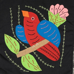 Authentic Hand Sewn Guna Molita Crimson Backed Tanager Panama Black Cotton Reverse Applique Textile Boho Decor