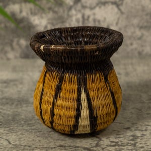 Sun Dawn Woven Basket, Yellow Brown and Natural Palm Fiber, Indigenous Panama Art, Tribal Sunrise Design, Rustic Jungle Decor, Artisan Vase