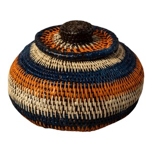 Panama Rainforest Basket, Orange Blue And White, Handwoven Wounaan Embera Lidded Vessel, Geometric Coiled, Darien, Natural Fiber Keepsake