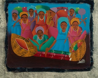 Pintura haitiana, ritmos melódicos, músicos pintados a mano con tambores e instrumentos, arte popular original, Haití, Caribe, lienzo para pared.