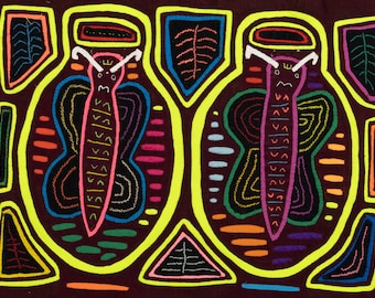 Butterfly Jar Mola, Wall Decor, Panama Mola, Latin American Art, Handmade Quilt, Wall Hanging, Mola Wall Art, boho wall art, boho decor