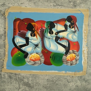 May include: A painting depicting three figures seated on a bed of fruit. The figures are wearing white garments and have black skin. The fruit is a mixture of red, green, and orange. The background is a pale blue.