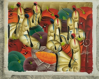 Pintura haitiana, Armonía en la cosecha, Mujeres pintadas a mano llevando frutas tropicales, Arte popular original, Haití, Caribe, Lienzo decorativo para pared