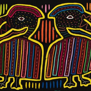 May include: A vibrant textile artwork featuring two stylized bird figures against a black background. The birds have colorful striped bodies, yellow outlines, and intricate details. The artwork showcases a bold use of color and pattern, creating a striking visual impact.