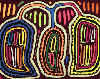 Mola de soja - Arte mola Guna, Decoración de pared Kuna, Textiles hechos a mano, Diseños coloridos, Mola de Panamá, Obra de arte indígena, Aplique vintage,