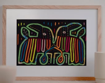 Green Toucan Mola Wall Art – Handmade Panama Textile, Small Vintage Tribal Fabric, Colorful Bird-Inspired Decor, Geometric Jungle Artwork
