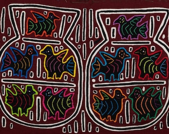 Bird in a Fish Bowl Panama Mola, Wall Decor, Panama Mola, Latin American Art, Handmade Quilt, Wall Hanging, Mola Wall Art, boho wall art