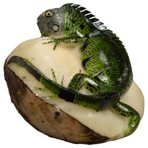 Puede incluir: Una pequeña figura de una iguana verde con manchas negras y una cresta espinosa, descansando sobre un objeto redondeado, liso y de color crema que tiene una base texturizada de color marrón con apariencia de madera.