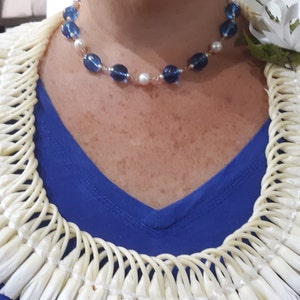 Striking Faceted Clear Blue Beads Highlighted by Beautiful White Pearls on Gold Filled Wire with Vintage Box Clasp