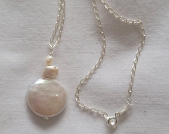 Wonderfully Unique White Bubbled Coin Pearl on Sterling Silver Chain