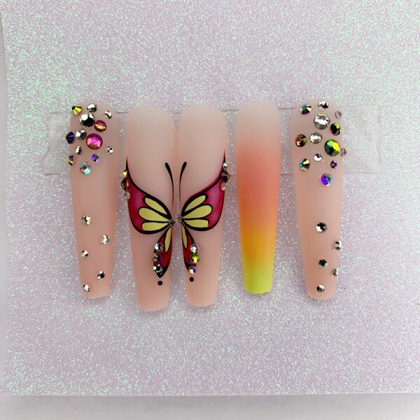 Xtra long ombré coffin shape , butterfly bedazzled, false nails , long nails , 3xl nails