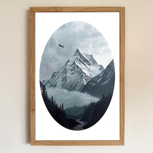 Impresión artística de Mist Vale Mountain: pintura acrílica firmada, tamaño A4 mate