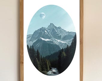 Riverway Mountain A4 Art Print, High Quality Matte Large Wall Art Print, Acrylic Painting Print, Wall Decor