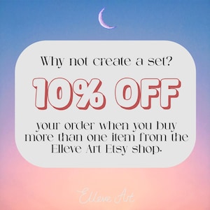 May include: An advertisement with a gradient background of blue, pink, and purple. A white rounded rectangle contains the text "Why not create a set?" and "10% OFF". The text below reads "your order when you buy more than one item from the Elleve Art Etsy shop."