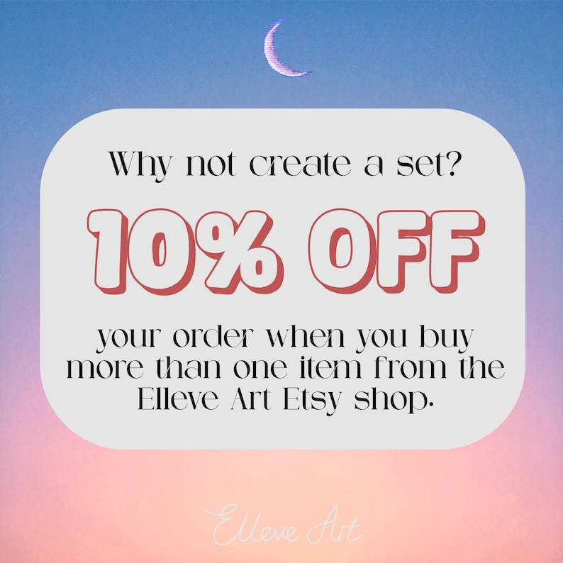 May include: An advertisement with a gradient background of blue, pink, and purple. A white rounded rectangle contains the text "Why not create a set?" and "10% OFF". The text below reads "your order when you buy more than one item from the Elleve Art Etsy shop."