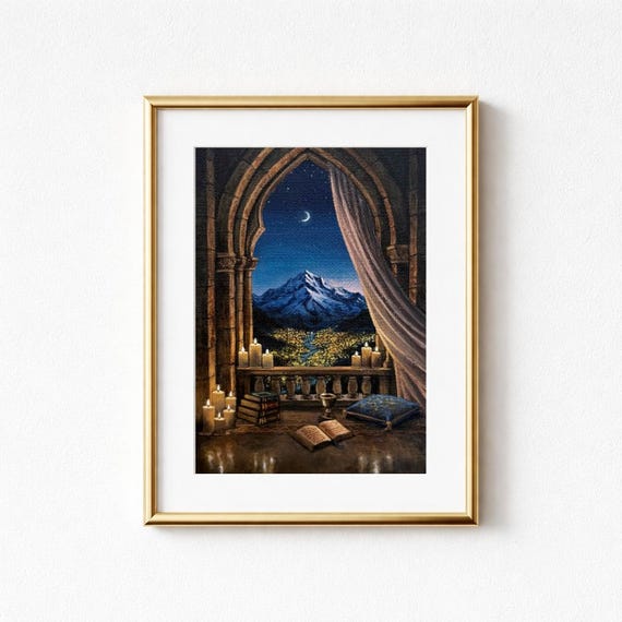 Night Tower Velaris Inspired Window Mountain Print | ACOTAR, Night Court, Fantasy Art, Reading Nook