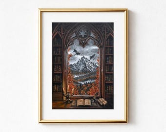 Scholar's Sanctum Fourth Wing Archives Inspired Print | Fantasy Books, Library, Reading Nook, Dragon Art