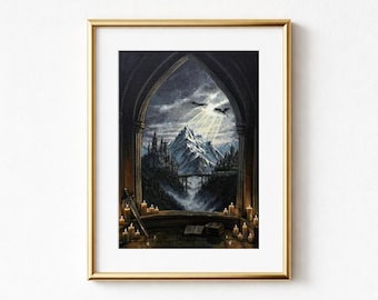Wingfall Fourth Wing Inspired Mountain Castle Window View Print | Bookish, Reading Nook, Fantasy Art