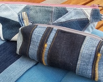 Väska tillverkad av återvunna denimränder med sömmar - Liten BOXY-väska av återvunna jeans, randig design