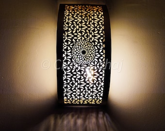 Moroccan Brass Wall Light, Intricate Floral Design, Moroccan Lamp