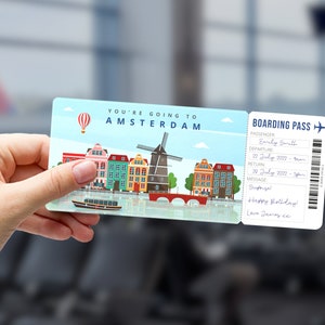 AMSTERDAM Netherlands Holland Surprise Gift Ticket - Printable Boarding Pass Souvenir - Editable Personalised Present - Pdf Instant Download