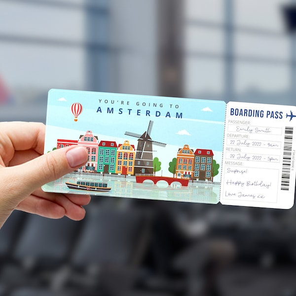 AMSTERDAM Niederlande Holland Überraschung Geschenk Ticket - Druckbare Bordkarte Souvenir - Bearbeitbares Personalisiertes Geschenk - Pdf Instant Download