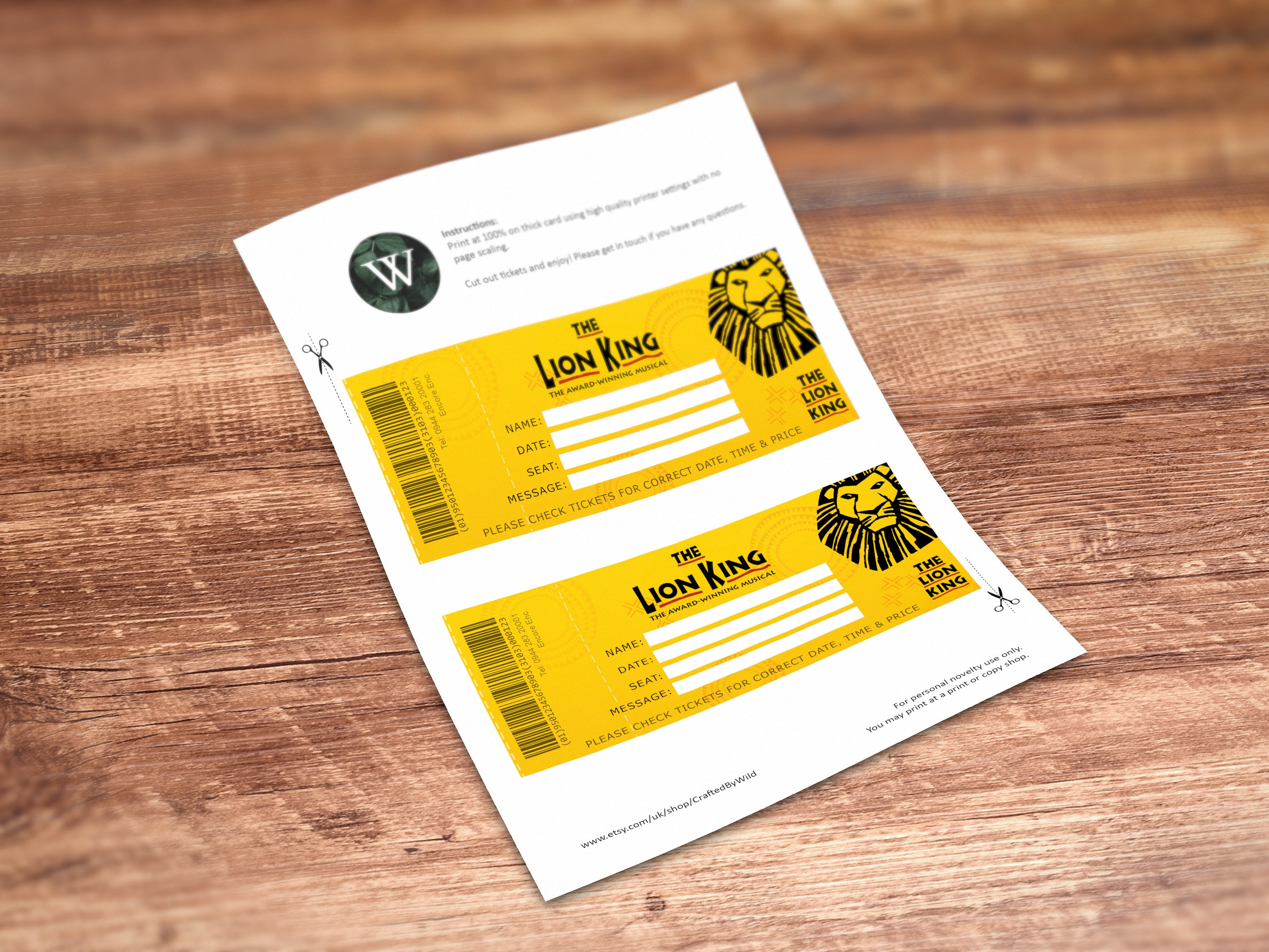 The LION KING Theatre Ticket Printable Broadway Gift Ticket Etsy UK