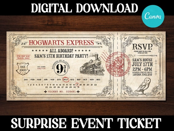 Editable Wizard Train Ticket Invitation Printable Digital Download Ticket Template Downloadable Express