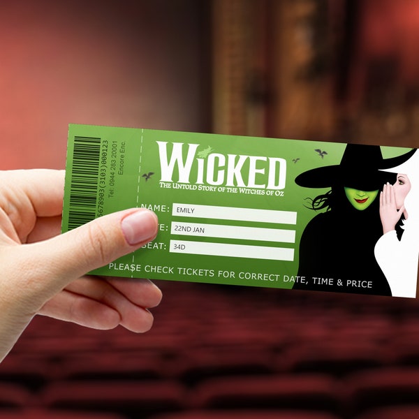Printable WICKED Theatre Musical Ticket - Broadway West End Gift Ticket - Editable Personalised - PDF Instant Download