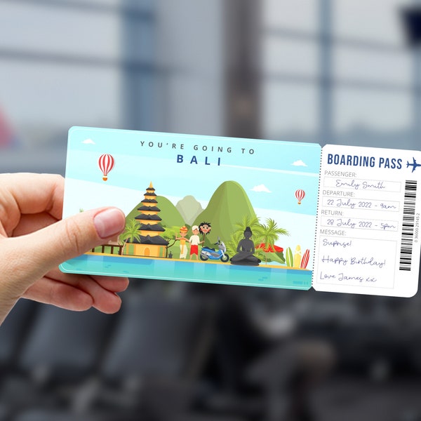 BALI INDONESIA Surprise Gift Ticket - Trip to Bali - Printable Boarding Pass - Editable Personalised Gift - PDF Instant Download