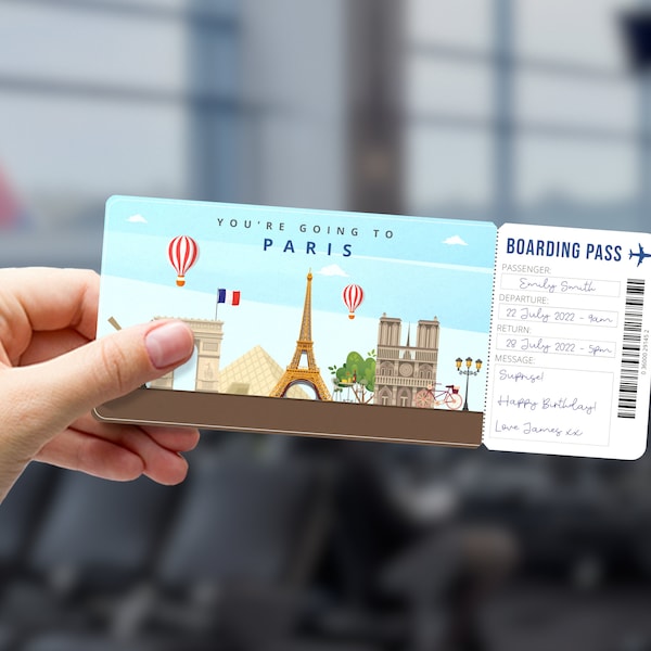 Billet cadeau surprise PARIS France - Souvenir de la carte d'embarquement imprimable - Cadeau personnalisé modifiable - Téléchargement instantané Pdf