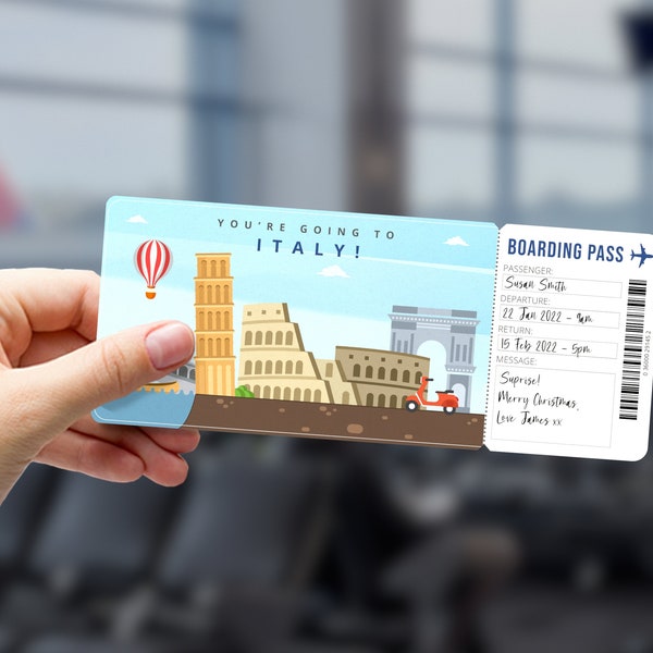 ITALY Trip Surprise Gift Ticket - You're Going to Italy! - Printable Flight Boarding Pass - Editable Personalised - PDF Instant Download