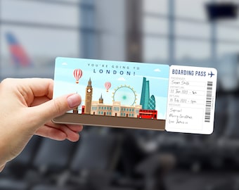 LONDON ENGLAND Surprise Gift Ticket - You're Going to London! -  Printable Boarding Pass - Editable Personalised Gift - PDF Instant Download