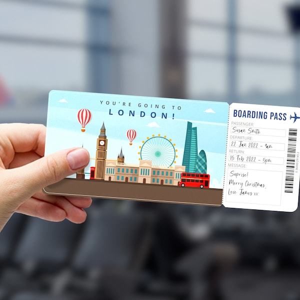 LONDON ENGLAND Surprise Gift Ticket - You're Going to London! -  Printable Boarding Pass - Editable Personalised Gift - PDF Instant Download