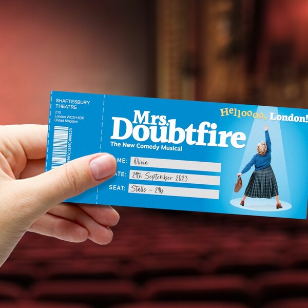 Printable Mrs. Doubtfire Surprise Ticket, Editable Musical Theatre Faux Event Admission Souvenir, Musical Collectible Theater Ticket