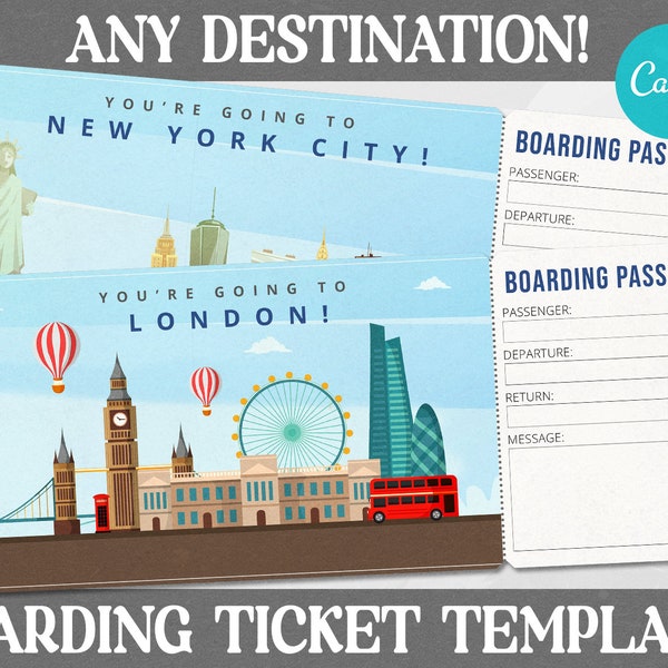 EDITABLE Boarding Pass Ticket Template, Custom Surprise Travel Gift ,Printable Airline Trip Ticket, Holiday Destination, Trip Abroad