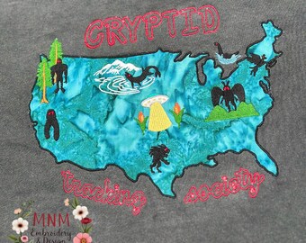 Embroidered Cryptid Tracking Society Shirt with Applique state  Map