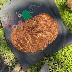 May include: A dark gray sweatshirt with a large, sequined pumpkin design. The pumpkin is a warm copper color, with a green stem and vine. The sweatshirt also features the text "MNM Embroidery & Design" with floral accents.